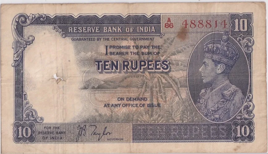 British India 10 Rupees J B Taylor Sign 1938 Old Note Rare #8