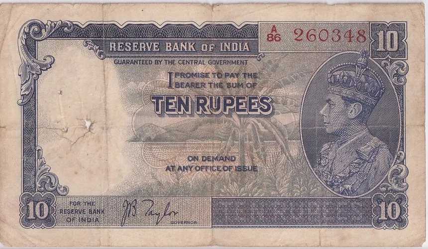 British India 10 Rupees J B Taylor Sign 1938 Old Note Rare #9