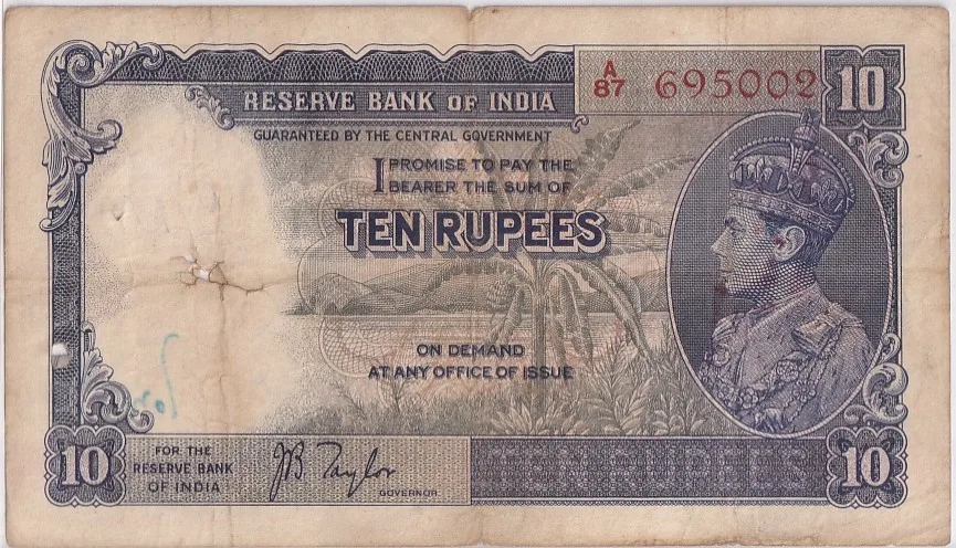 British India 10 Rupees J B Taylor Sign 1938 Old Note Rare #11