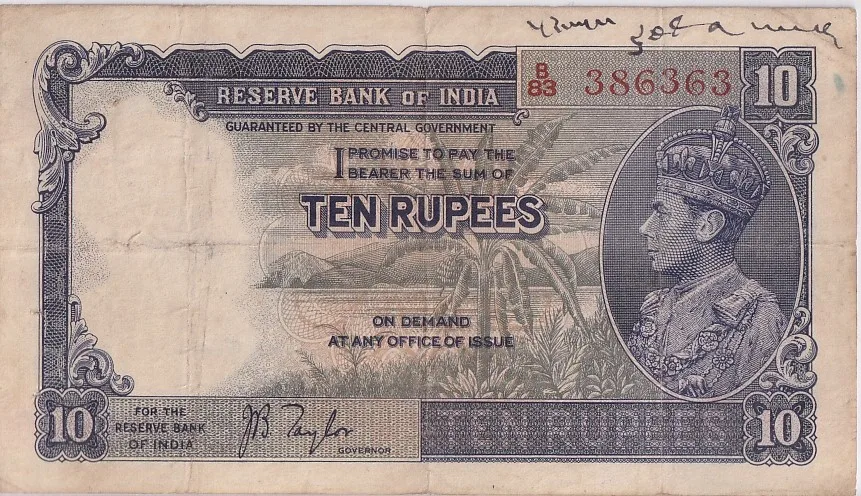 British India 10 Rupees J B Taylor Sign 1938 Old Note Rare #12