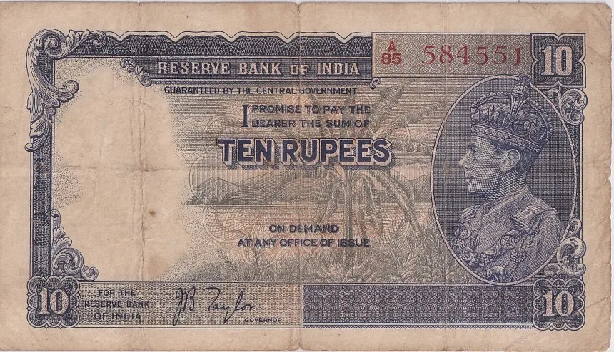 British India 10 Rupees J B Taylor Sign 1938 Old Note Rare #13