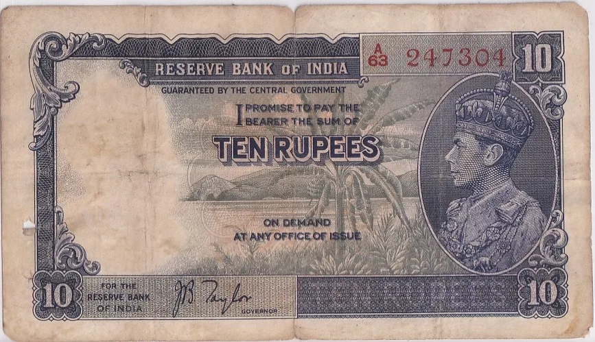 British India 10 Rupees J B Taylor Sign 1938 Old Note Rare #14