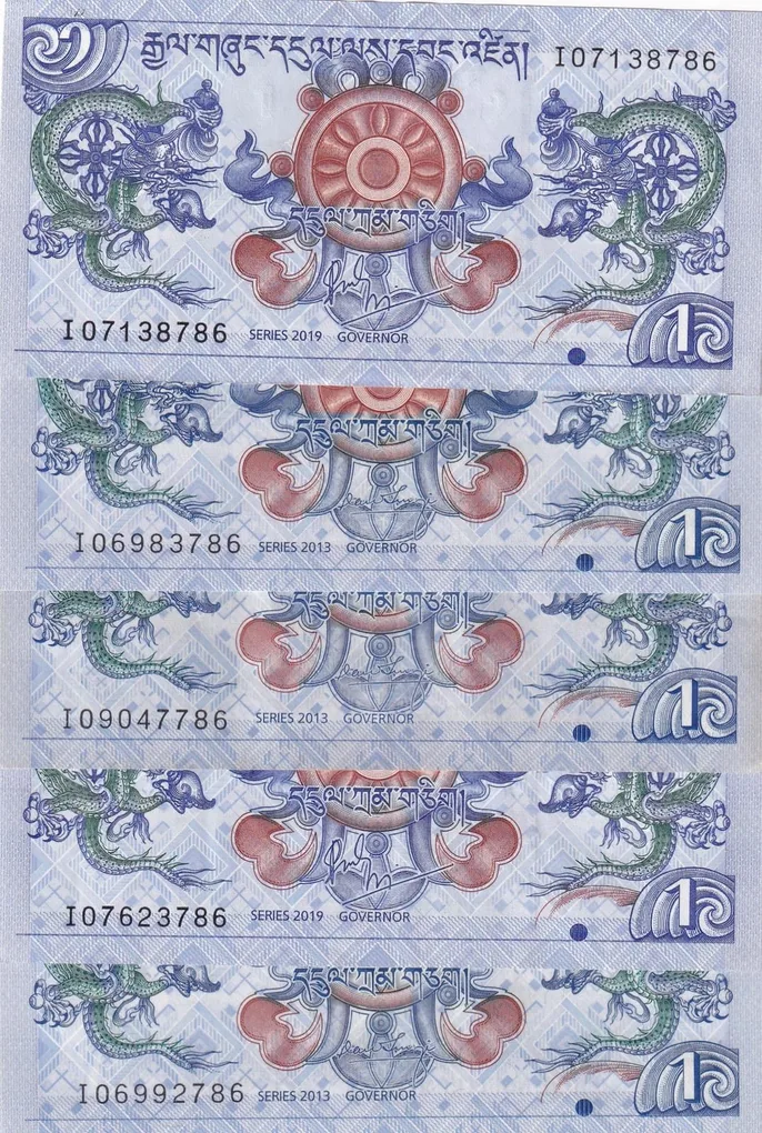 Bhutan 1 Ngultrum A.U condition Rare Note Fancy Number Ending 786 ( buyer will receive randomly 1 note)