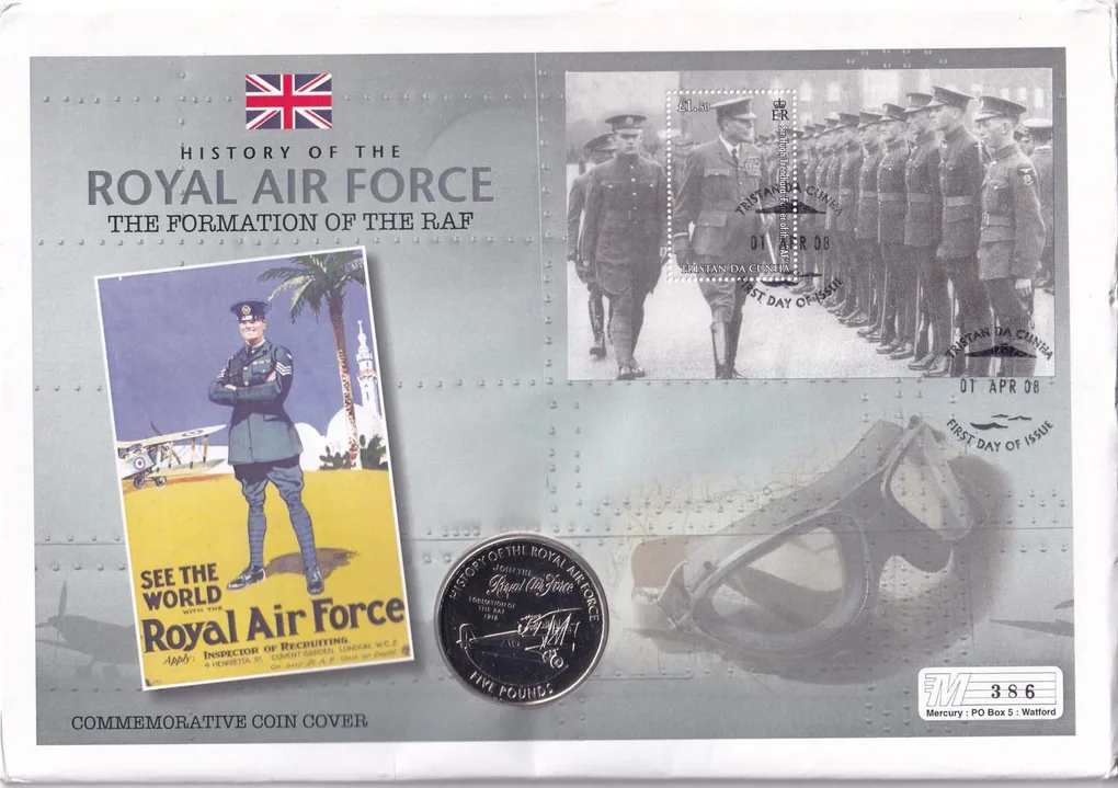 Guernsey 5 Pounds 2008 - Elizabeth II Formation of RAF Rare Coin (First Day Cover with Stamp)