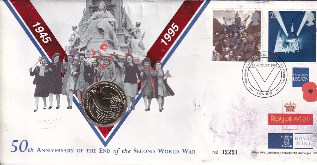 United Kingdom 2 Pounds 1995 - Elizabeth II ; World War II Rare Coin ( First Day Cover with Stamp )