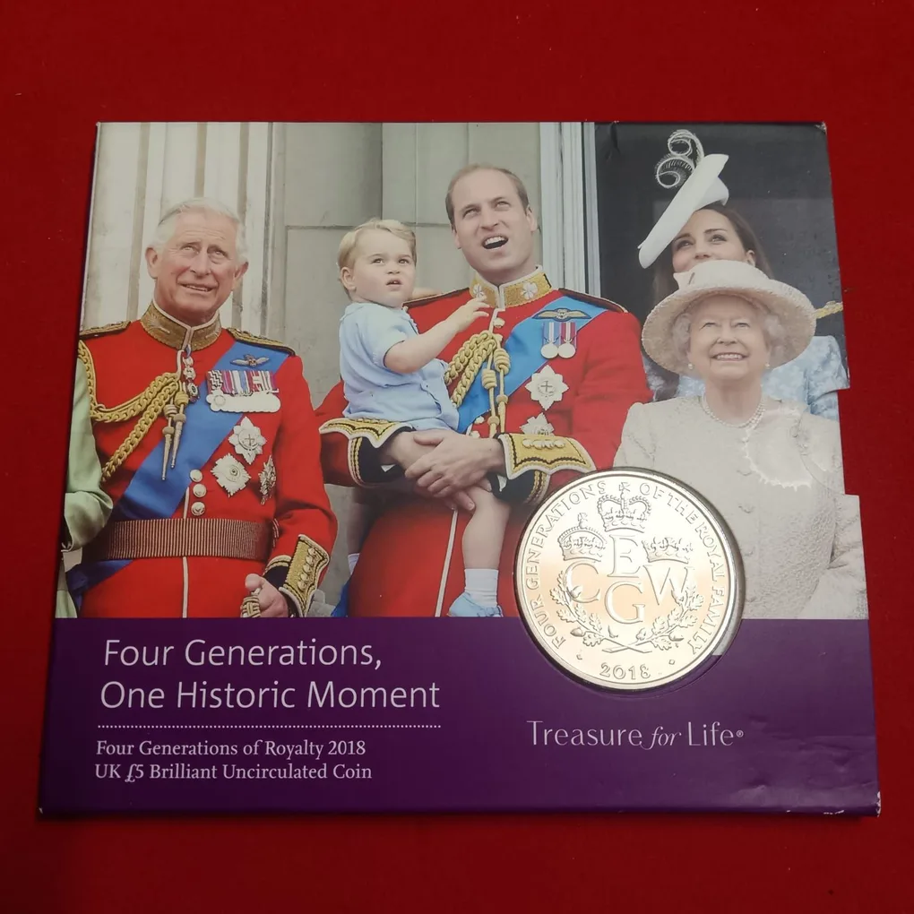 Extremely Rare UK £5 Brilliant Uncirculated Proof Coin celebrating four generations of the British royal family Year 2018 Issue The Royal Mint
