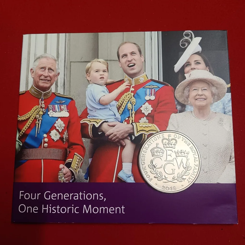 Extremely Rare UK £5 Brilliant Uncirculated Proof Coin celebrating four generations of the British royal family Year 2018 Issue The Royal Mint