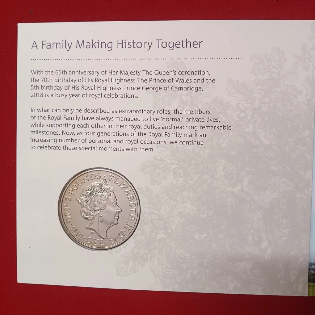 Extremely Rare UK £5 Brilliant Uncirculated Proof Coin celebrating four generations of the British royal family Year 2018 Issue The Royal Mint
