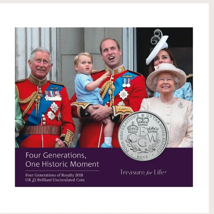 Extremely Rare UK £5 Brilliant Uncirculated Proof Coin celebrating four generations of the British royal family Year 2018 Issue The Royal Mint