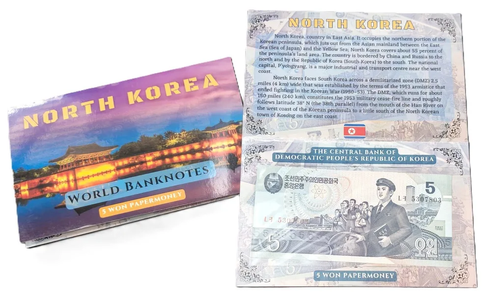 North Korea 5 WON UNC Note With Beautiful Folder