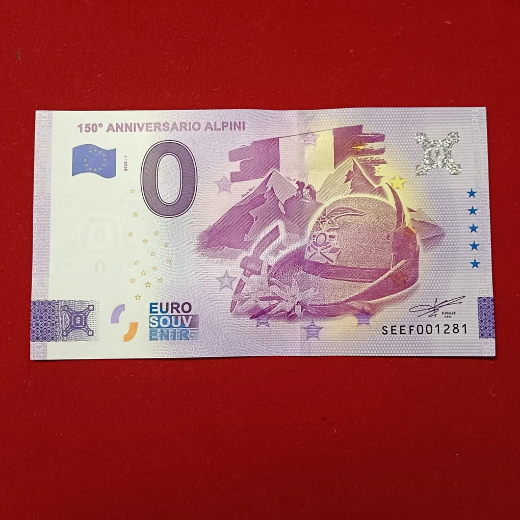 Rare Rare 0 Euro Souvenir Banknote from Italy issued in 2022 to commemorate the 150th anniversary of the Alpini (the mountain infantry corps of the Italian Army)