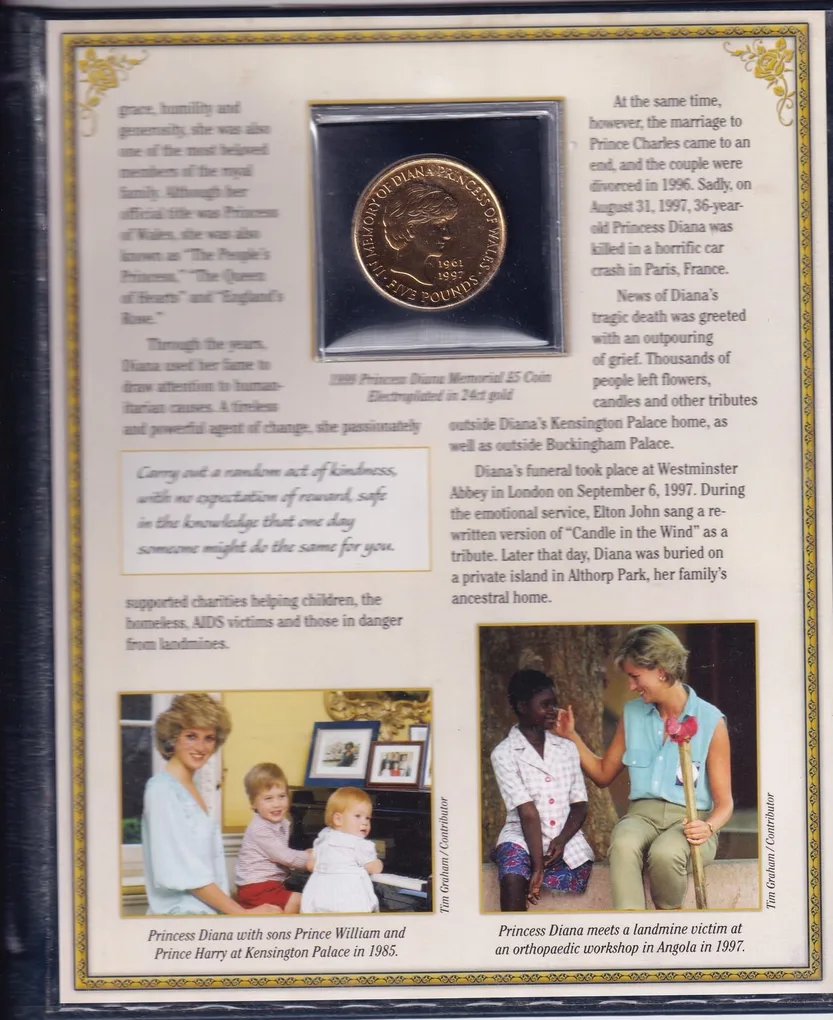 United Kingdom 5 Pounds 1999 - Elizabeth II Diana, Princess of Wales Commemorative issue Coin + Stamps + Certificate with Beautiful Book