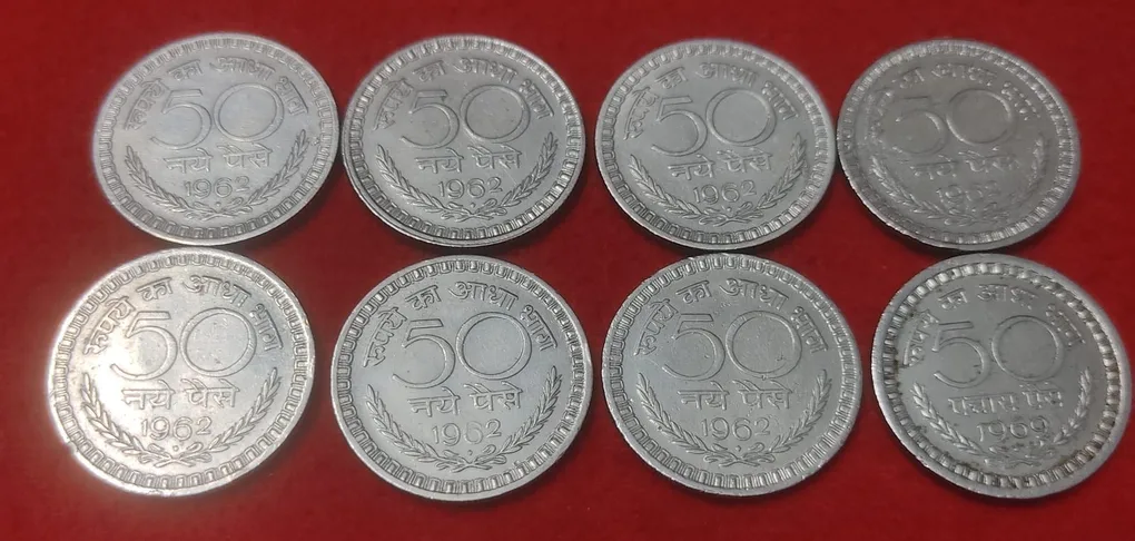 50 NAYE PAISE YEAR 1962 BOMBAY MINT -LOT OF 8 COIN PRICE