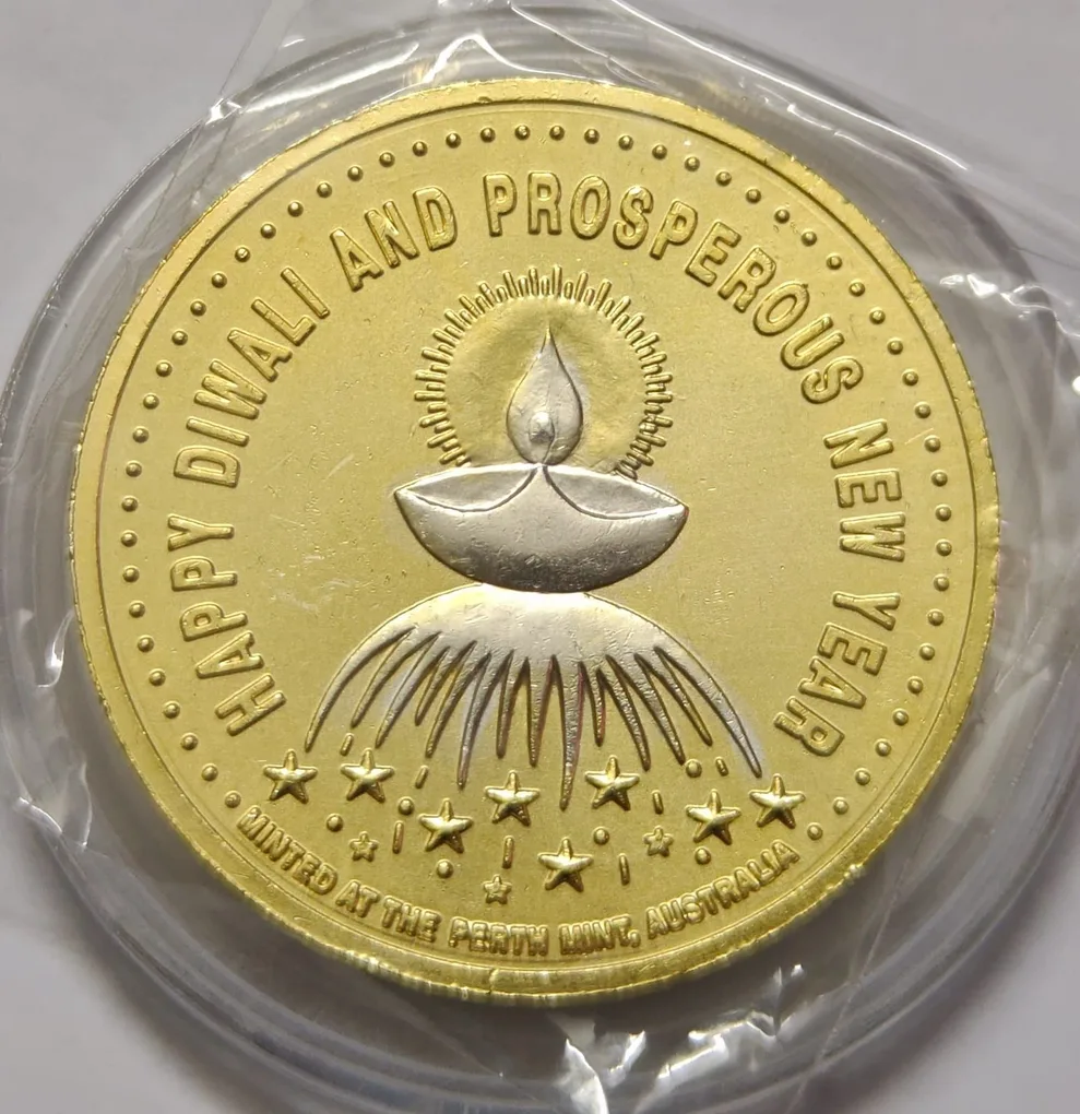 Shree Mahalakshmi Minted At The Perth Mint Australia Happy Diwali and New Year Coin 1OZ Silver Coin GOLDEN TONE