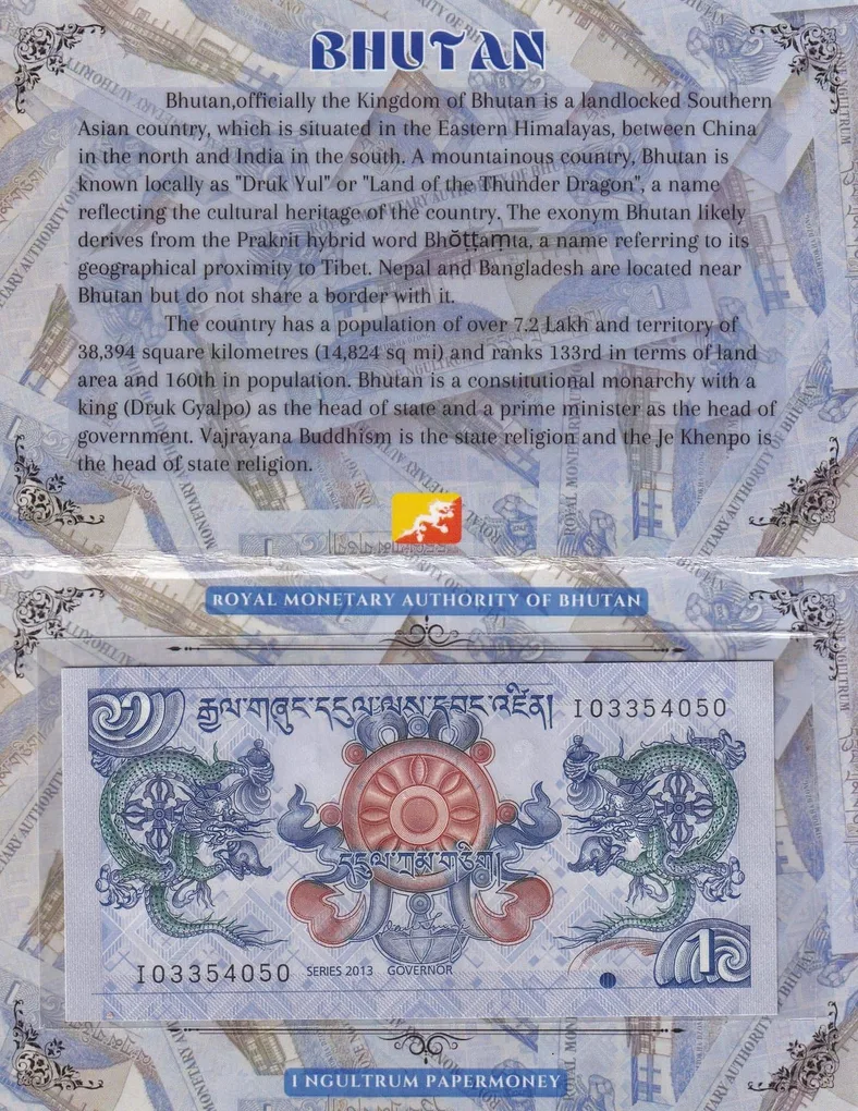 Bhutan 1 Ngultrum UNC Note With Beautiful Folder