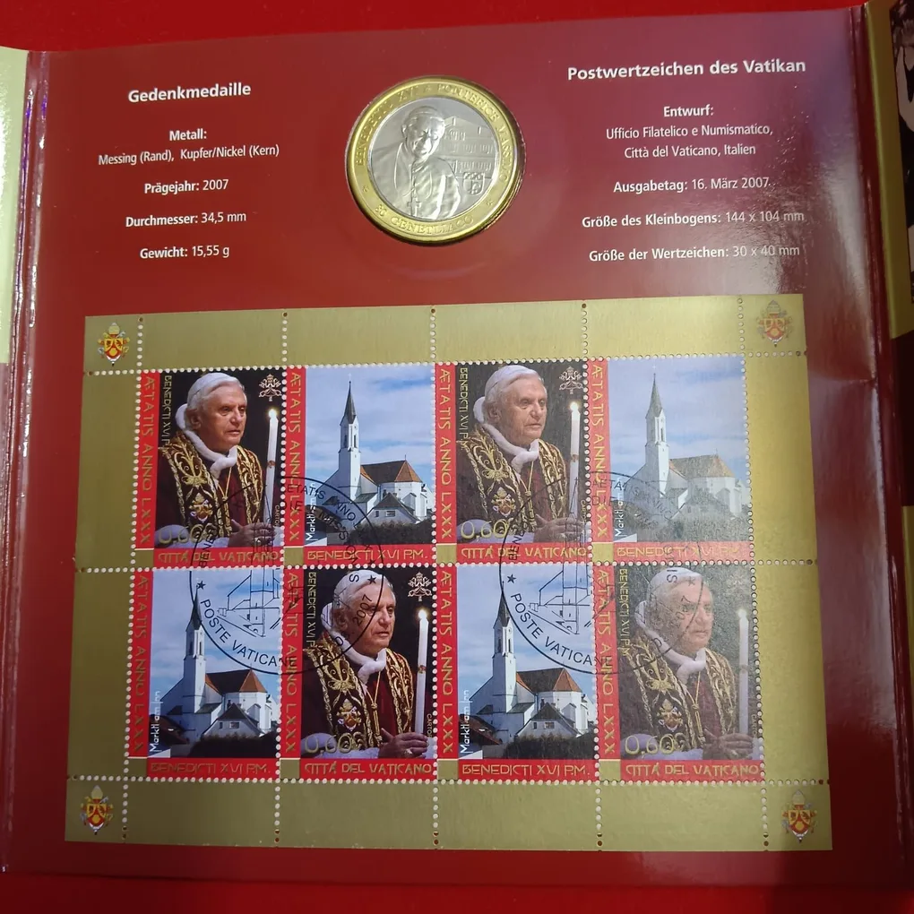 Ex Rare Deutsche Post Celebrating 80th Birthday of Pope Benedict XVI in 2007 Year featuring special Stamps and Commemorative Proof Coin Set Issued German Mint