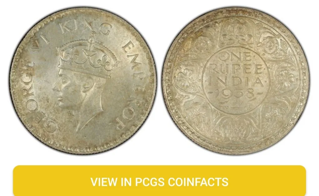 ONE RUPEE COIN 1938B PCGS GRADED HIGH GRADE MS 64 UNC
