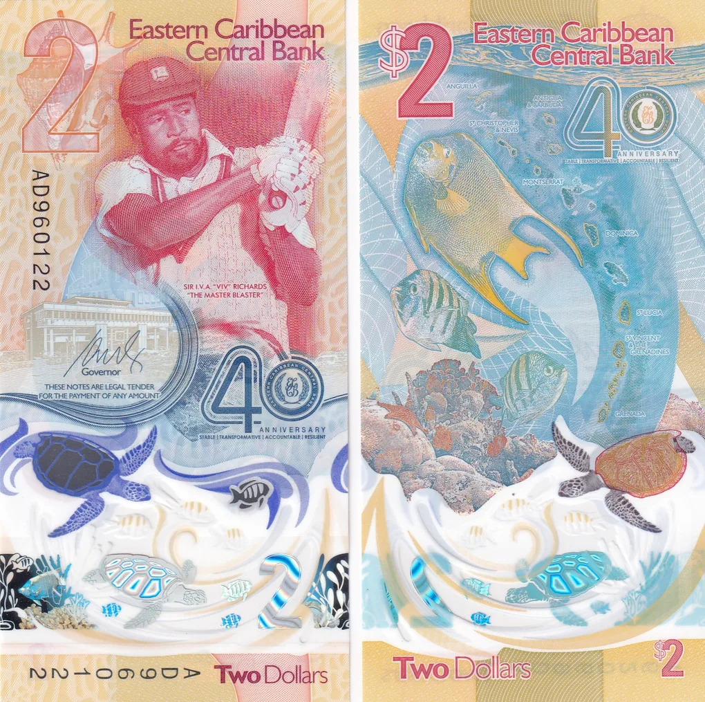Eastern Caribbean States 2 Dollars 40 Years of the ECCB Rare UNC Polymer Note #Q
