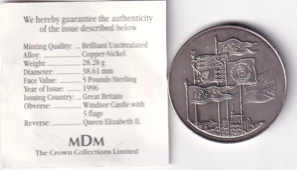 United Kingdom 5 Pounds 1996 - Elizabeth II 3rd portrait; Queen's 70th Birthday Rare Commemorative UNC Coin with Cover #R-24