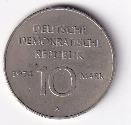 German 10 Mark 1974 - 25th Anniversary of the GDR Rare Commemorative UNC Coin #R-41