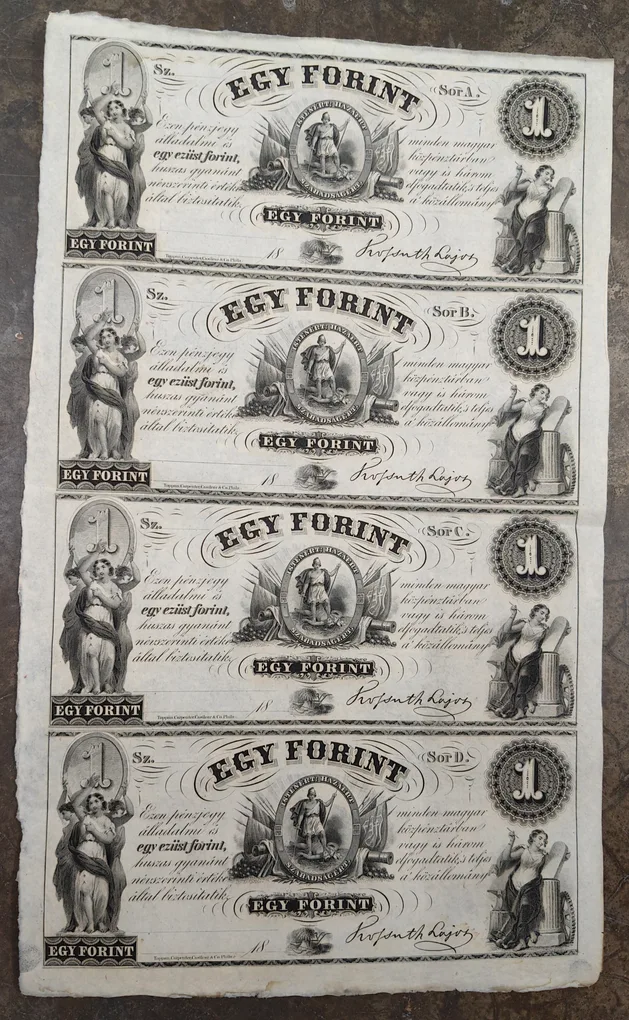 HUNGARY 1 Forint 1852, uncut sheet of 4 notes Extermaly rare sheet