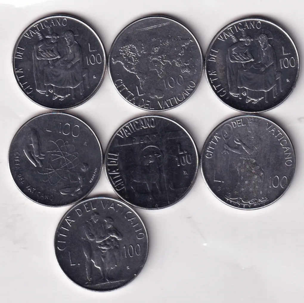 Vatican City 100 Lire - John Paul II All Different Commemorative Rare UNC ( 7 Coin Set ) #R59