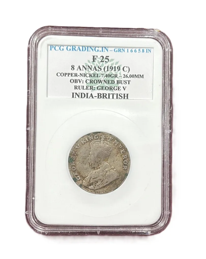 Extremely Rare 8 Anna 1919 Calcutta Mint PCG Grading Coin of George V King Emperor 100% Genuine British India Sikka super Cheapest Price