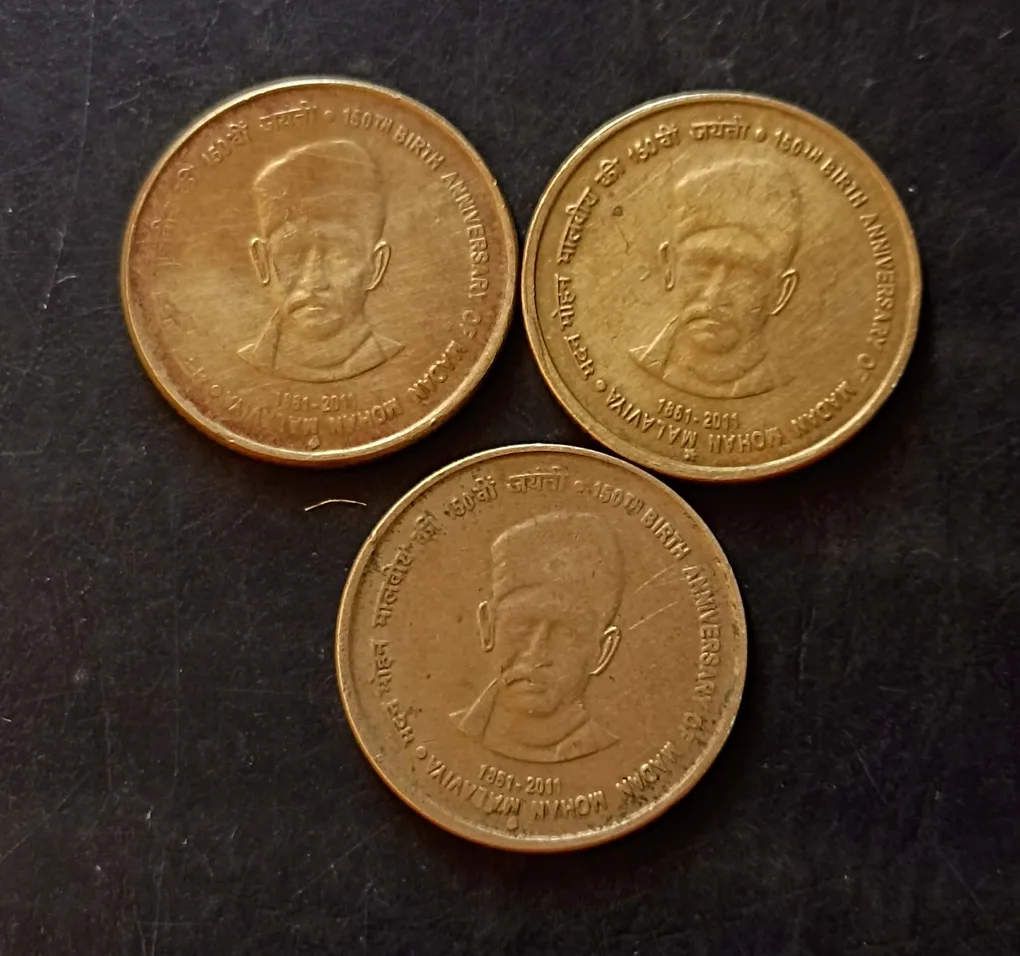 Republic India Denominaton 5 ₹ Backside of 150 birth anniversary of Madan Mohan Malviya Same and similar piece available