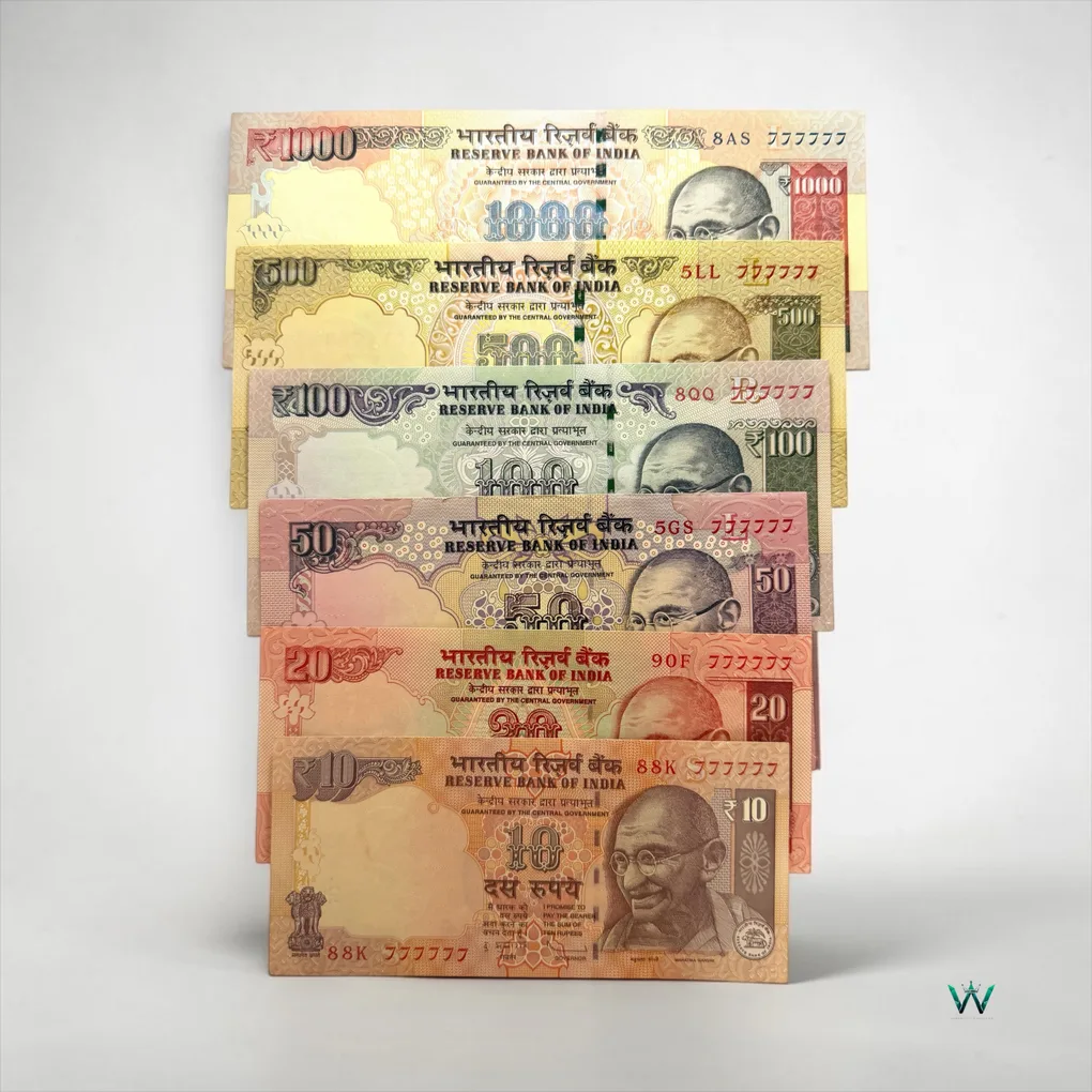 Rs 10 to 1000 India Banknote Previous issue Small Font Solid Number 777777 Set Gem Unc Unique and Rare