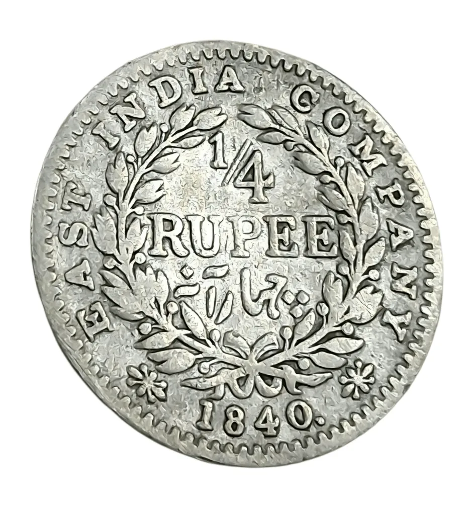 British India Silver 1/4 RUPEE Year 1840 “EAST INDIA COMPANY” Queen Victoria CONTINUOUS LEGEND **V. RARE** Used Condition.