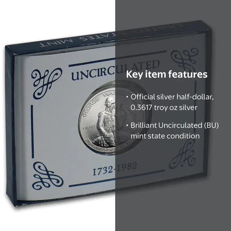 United States Mint ½ dollar 1982 - George Washington Rare UNC Silver Coin with Box