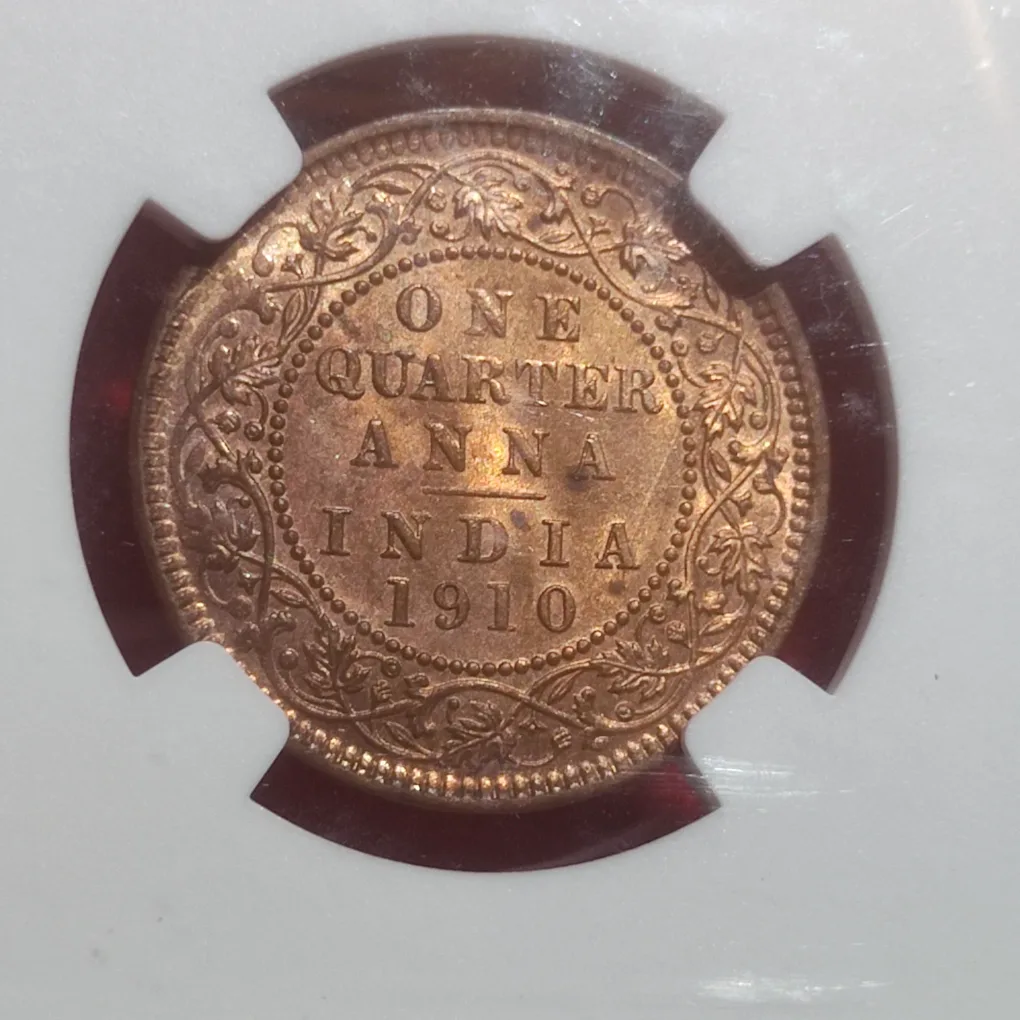 ONE QUARTER ANNA 1910 CALCUTTA NGC GRADED MS 64 RB