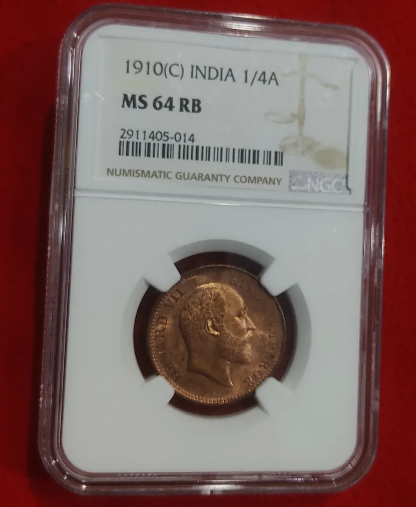 ONE QUARTER ANNA 1910 CALCUTTA NGC GRADED MS 64 RB