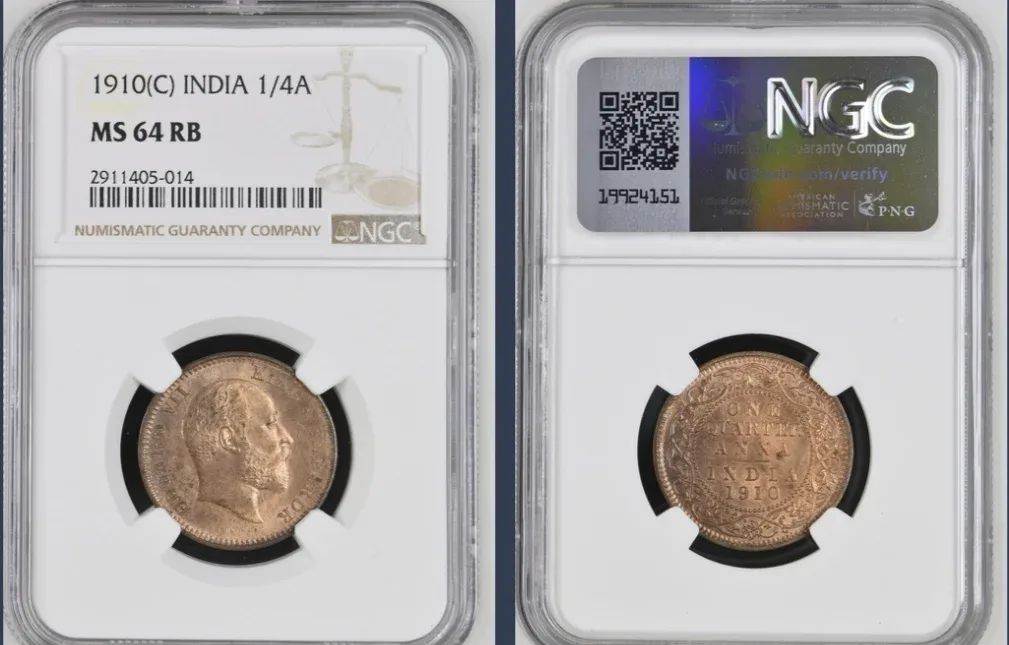 ONE QUARTER ANNA 1910 CALCUTTA NGC GRADED MS 64 RB