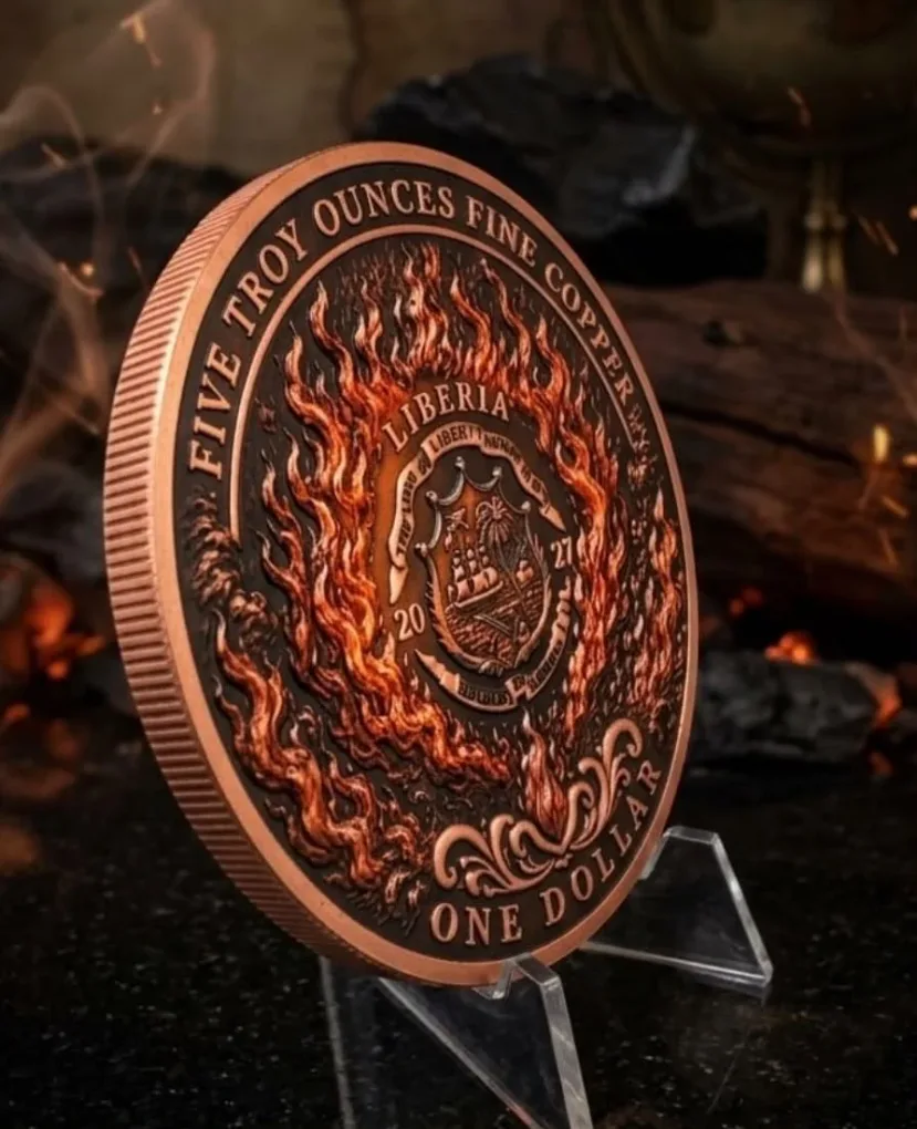 Rare Five Troy Ounces Copper Proof Coin ONE DOLLAR PHOENIX issued LIBERIA Year 2027
