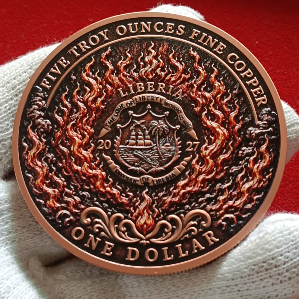 Rare Five Troy Ounces Copper Proof Coin ONE DOLLAR PHOENIX issued LIBERIA Year 2027