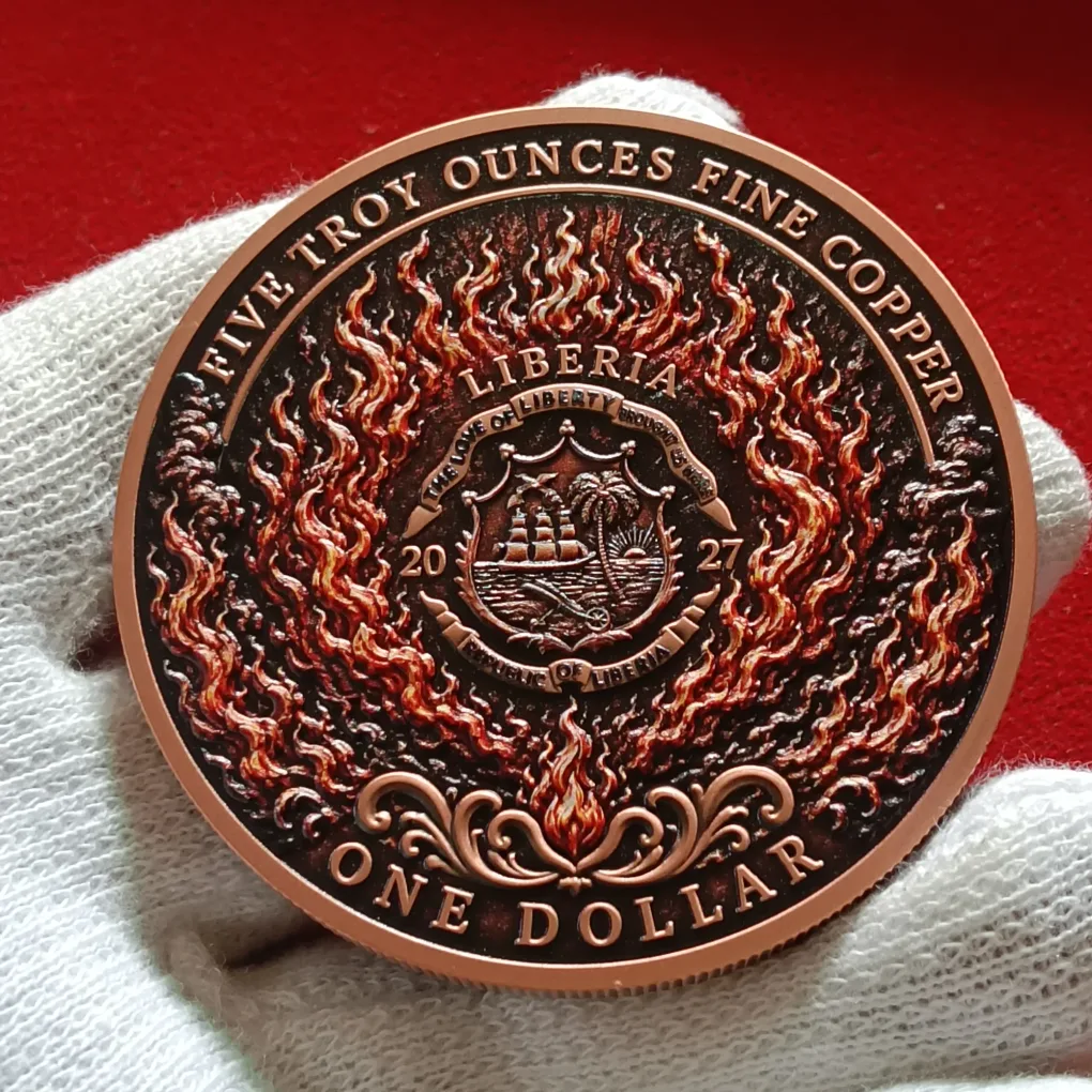 Rare Five Troy Ounces Copper Proof Coin ONE DOLLAR PHOENIX issued LIBERIA Year 2027
