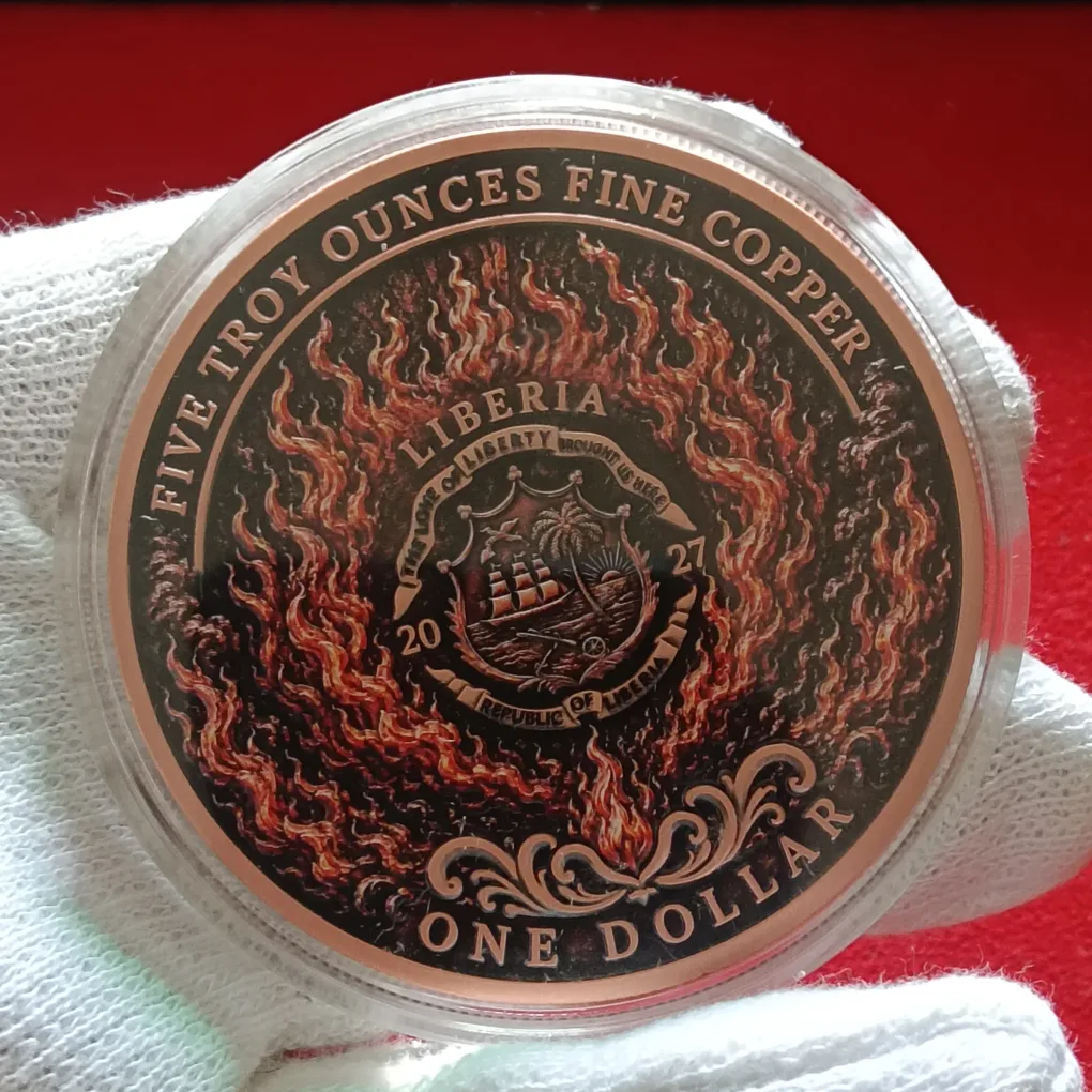 Rare Five Troy Ounces Copper Proof Coin ONE DOLLAR PHOENIX issued LIBERIA Year 2027