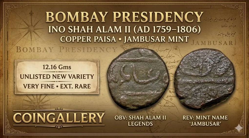 Copper Paisa of Bombay Presidency INO Shah Alam II (AD 1759-1806) of Jambusar Mint Unlisted Ext. Rare