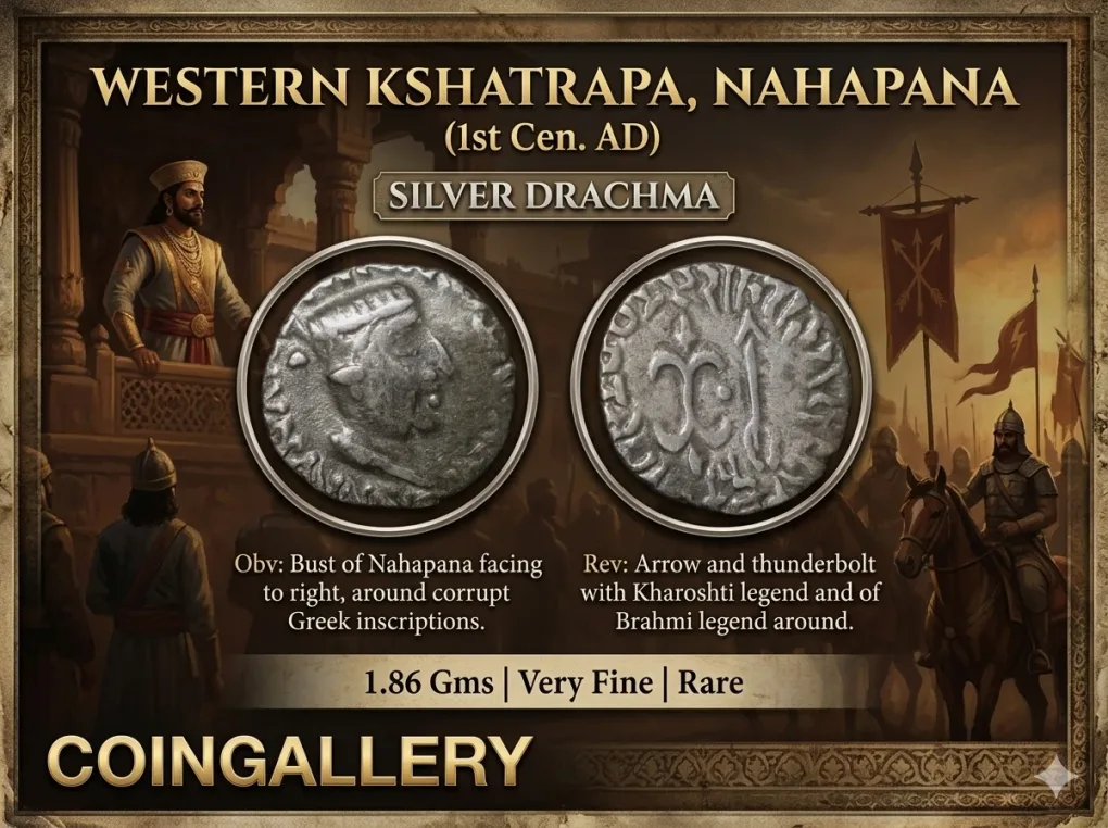 Silver Drachma of Nahapana (1st Cen.AD) of Western Kshatrapa Rare