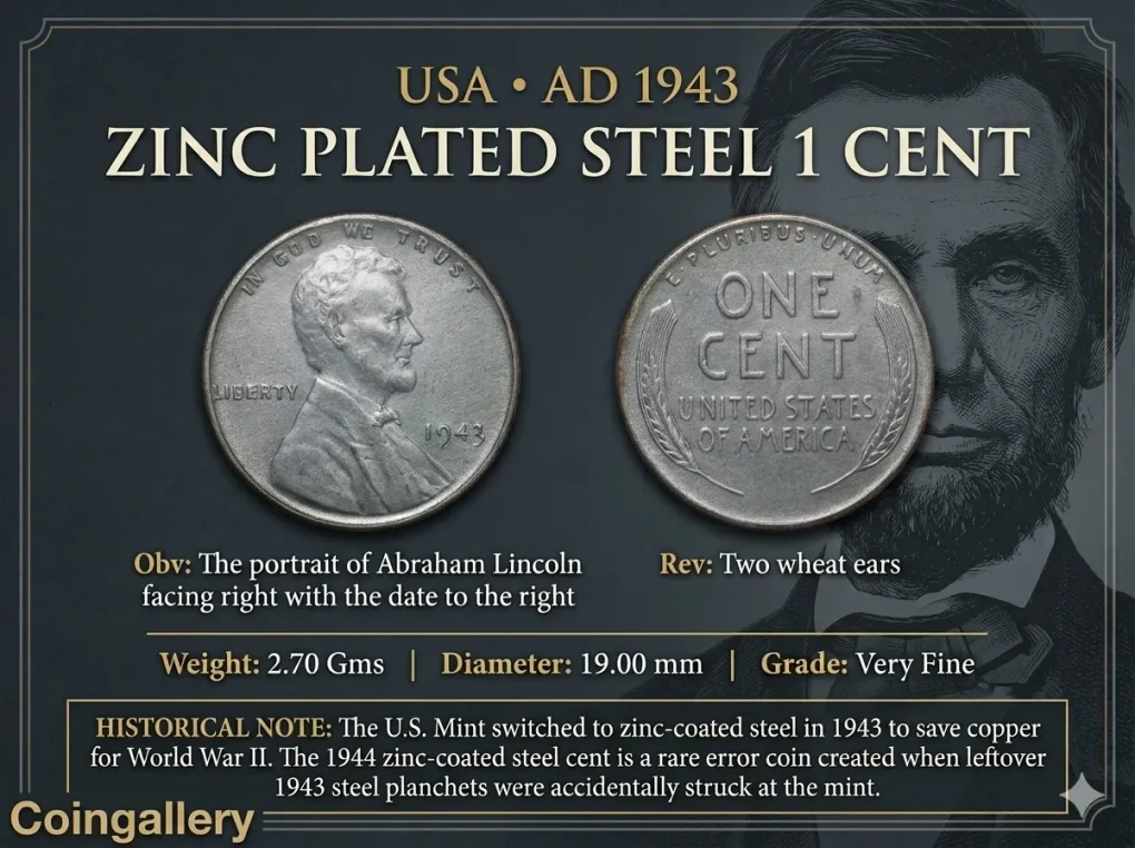 Old Zinc Plated Steel 1 Cent of USA (AD 1943) with Abraham Lincoln Very Rare