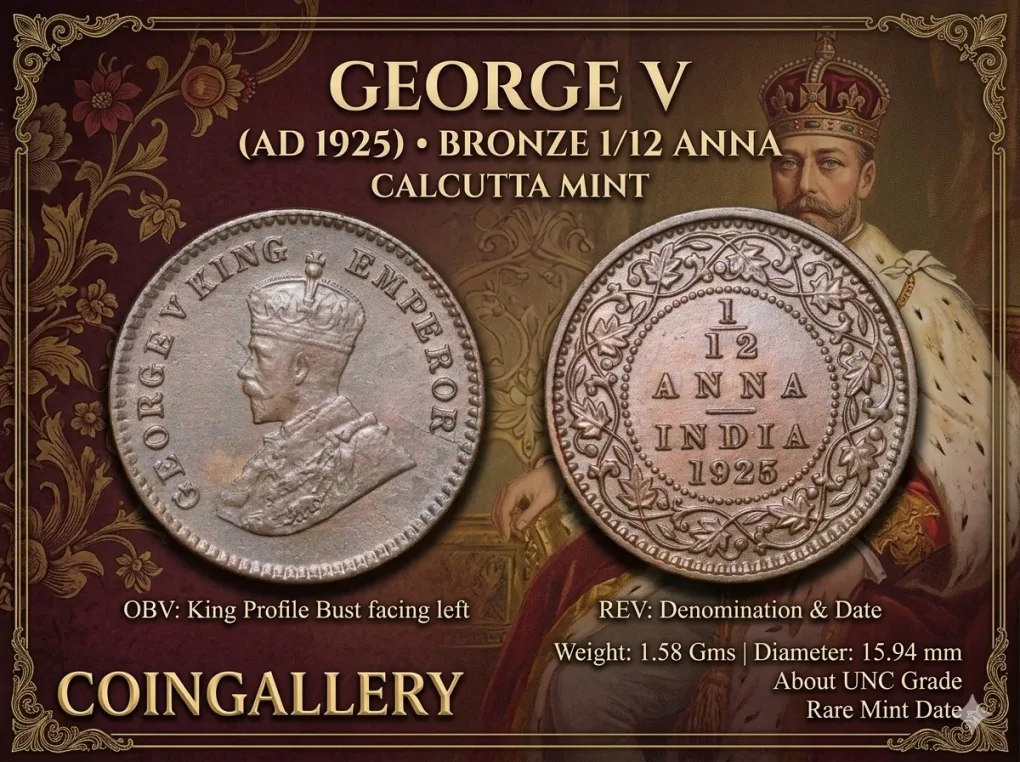 Bronze 1/12 Anna of George V (AD 1925) of Calcutta Mint About UNC Grade Rare
