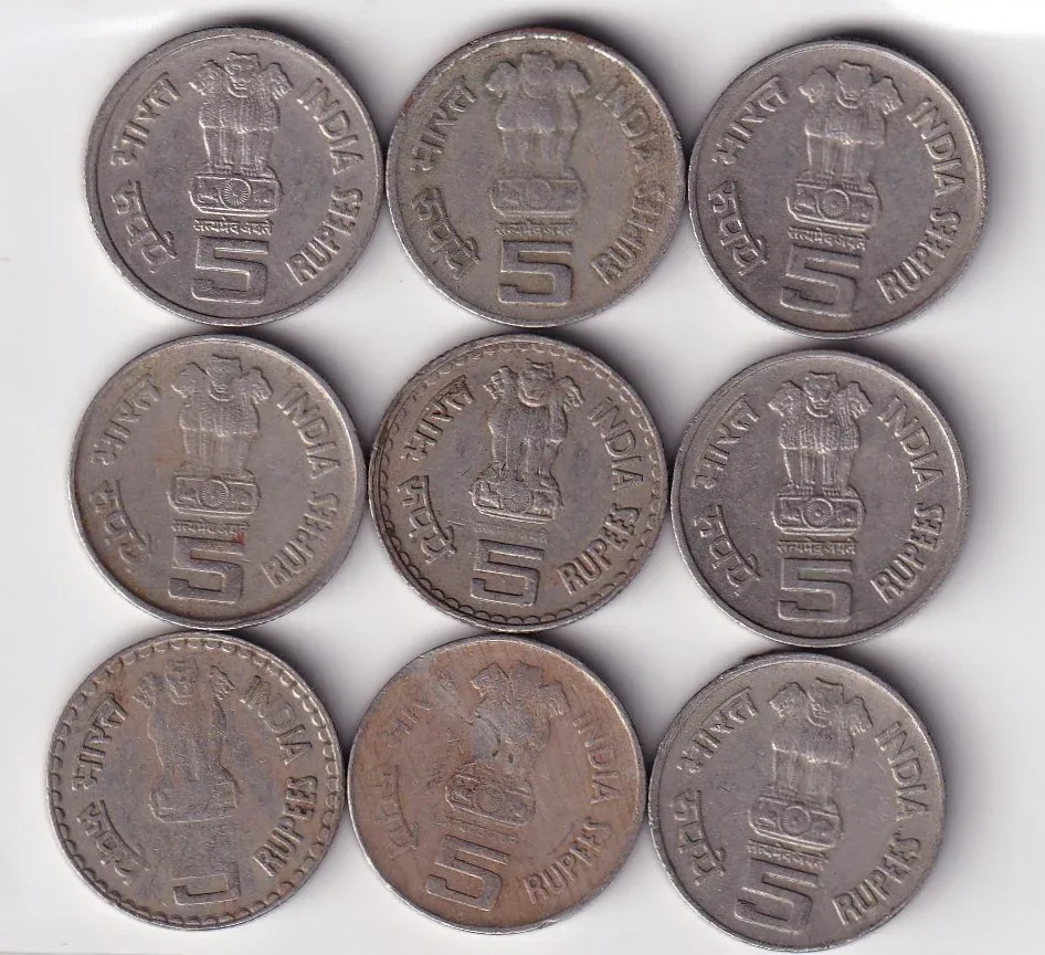 9 DIFFERENT COMMEMORATIVE RARE OLD ISSUE FIVE RUPEES ( 9 COIN SET )