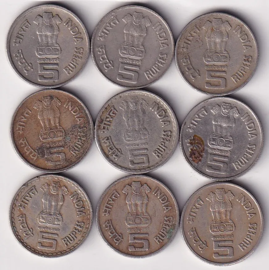 9 DIFFERENT COMMEMORATIVE RARE OLD ISSUE FIVE RUPEES ( 9 COIN SET )