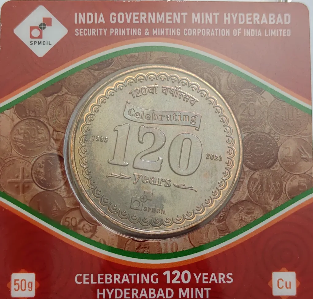 120 Years Of India Government Mint Hyderabad Copper Coin 50 GMS Very Rare