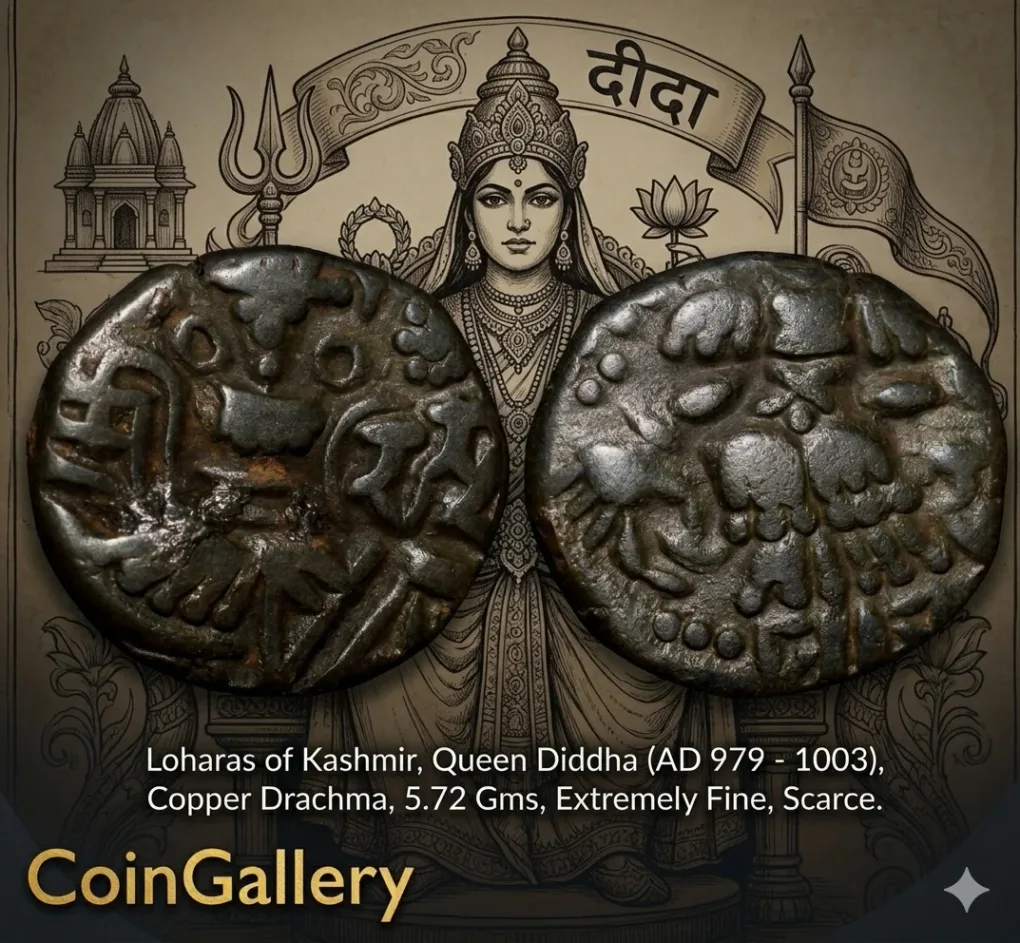 Copper Drachma Coin of Queen Diddha (AD979 -1003) of Lohara's of Kashmir