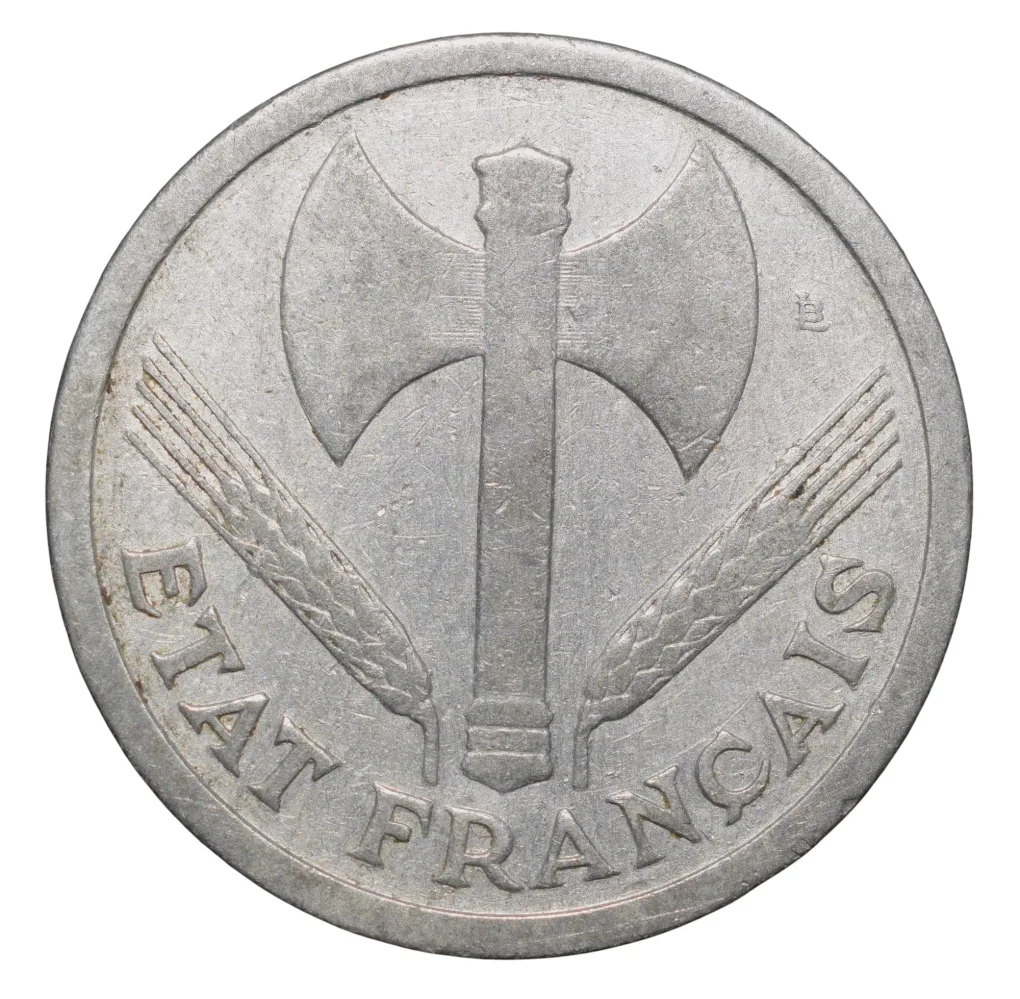 Old Aluminium 2 Francs of France (AD 1943) with Double-headed axe
