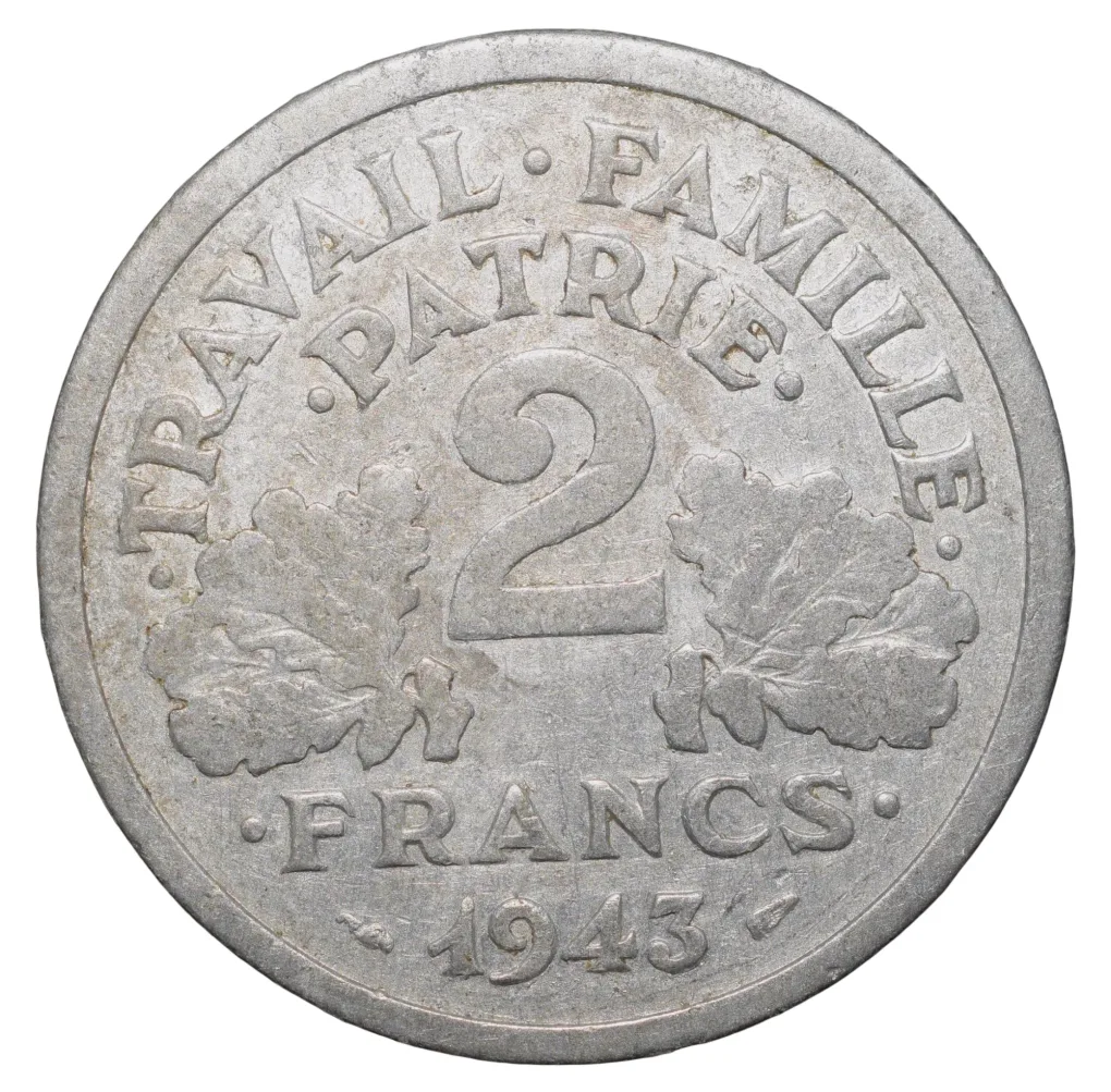 Old Aluminium 2 Francs of France (AD 1943) with Double-headed axe