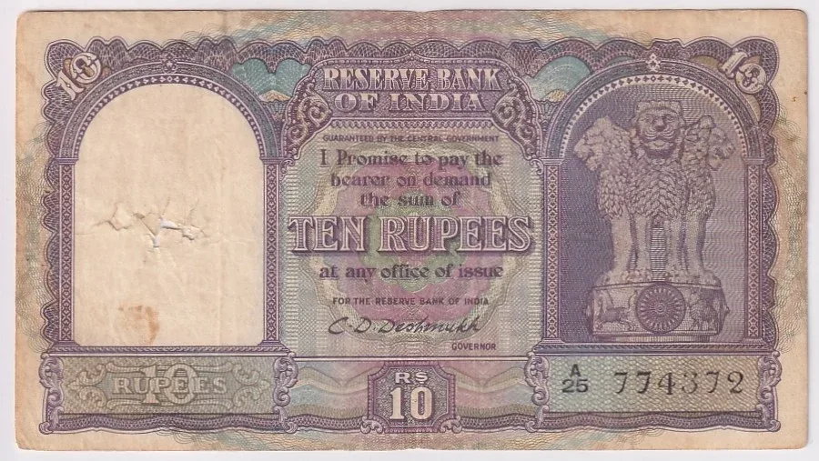 C D Deshmukh Very Fine 10 Rupees First Issue India 1949 Rare Note
