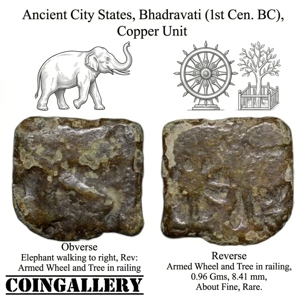 Copper Coin of City-State Bhadravati(1st Cen. BC) with Elephant/Armed Wheel-Tree Railing Rare